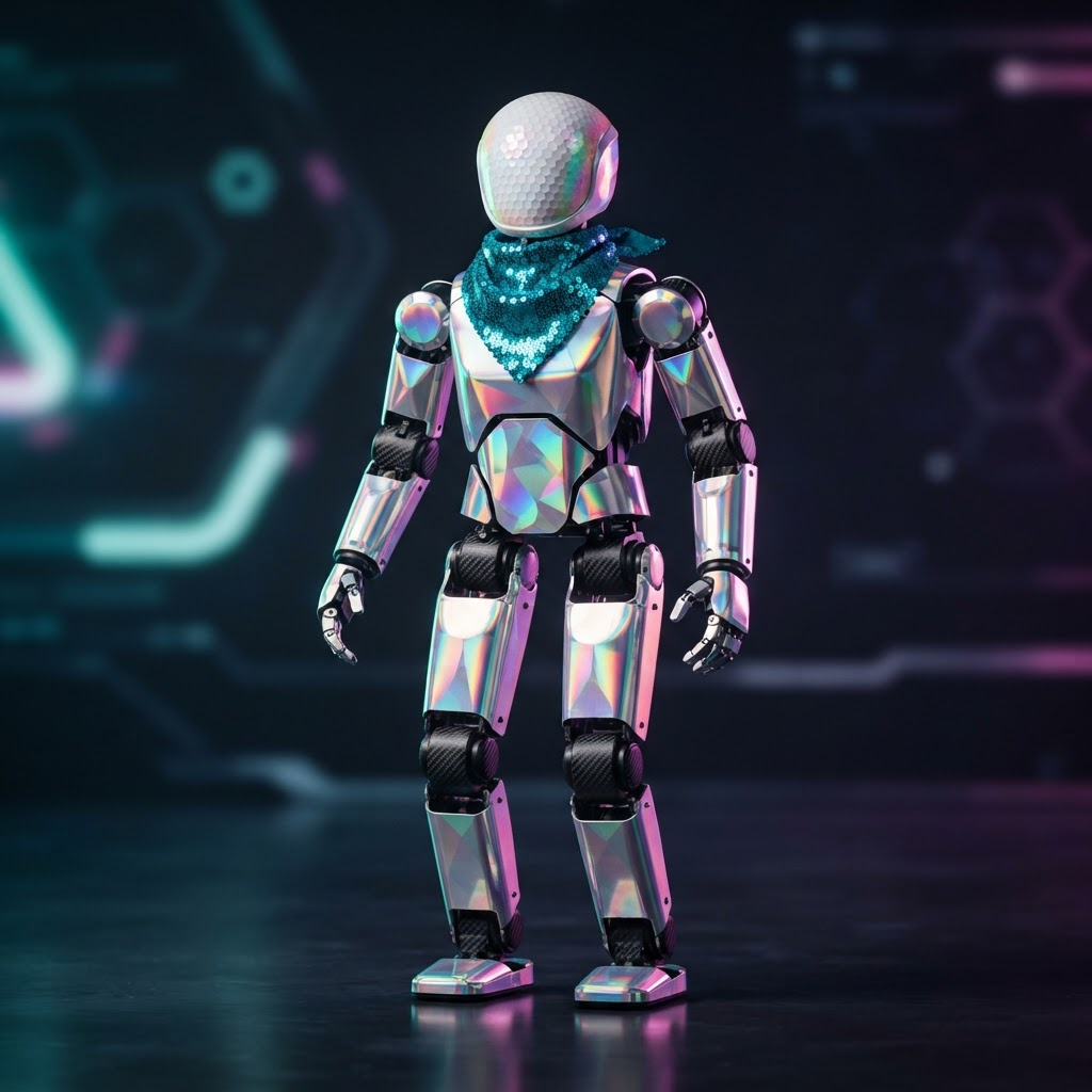 Chloe, a Unitree G1 humanoid robot with holographic panels