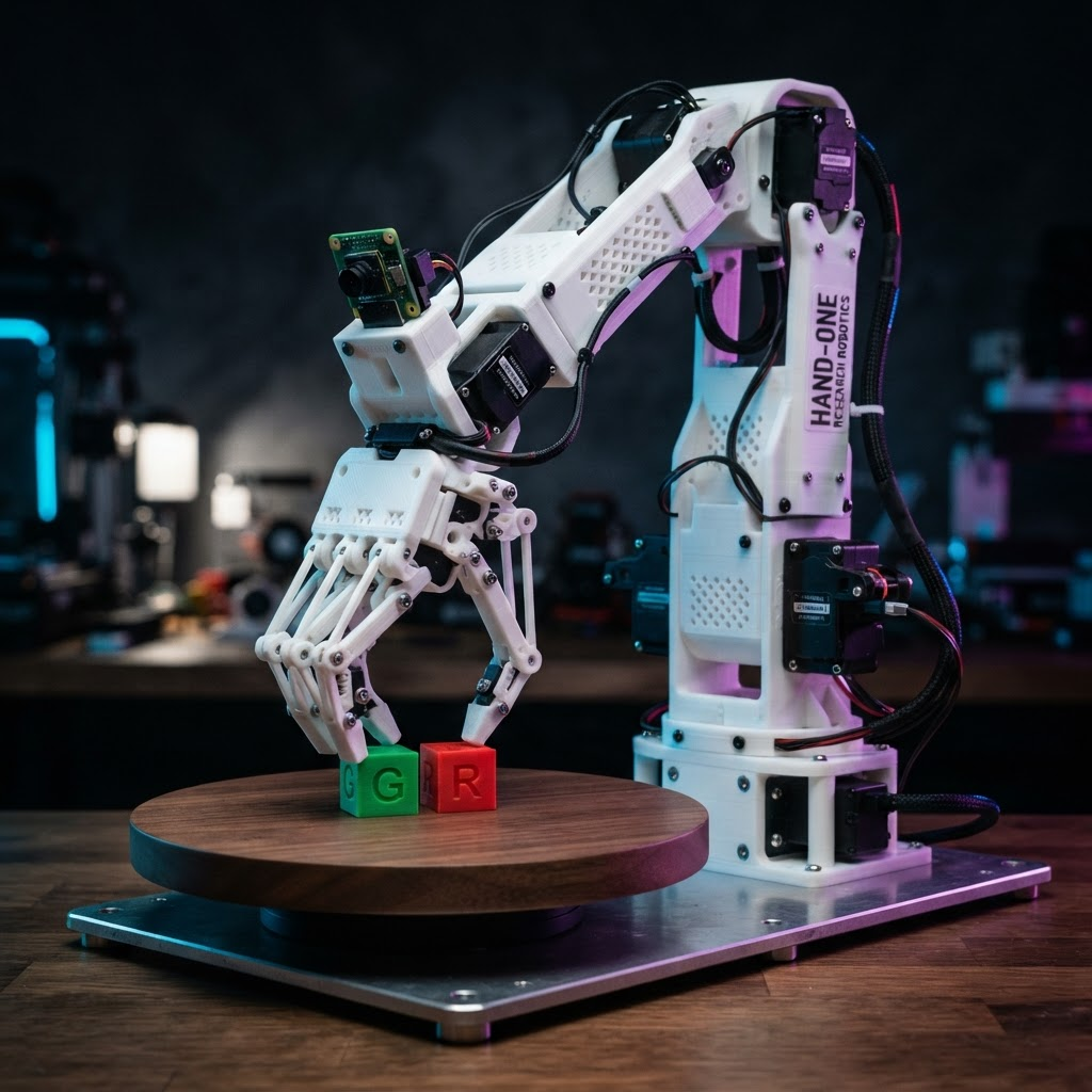 Hand-One, a white 3D-printed prompt-driven teleoperable arm
