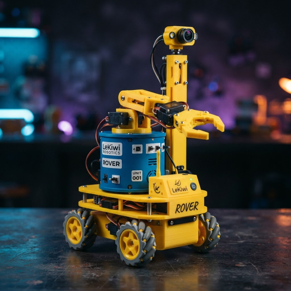 Rover, a yellow LeKiwi mobile manipulator robot